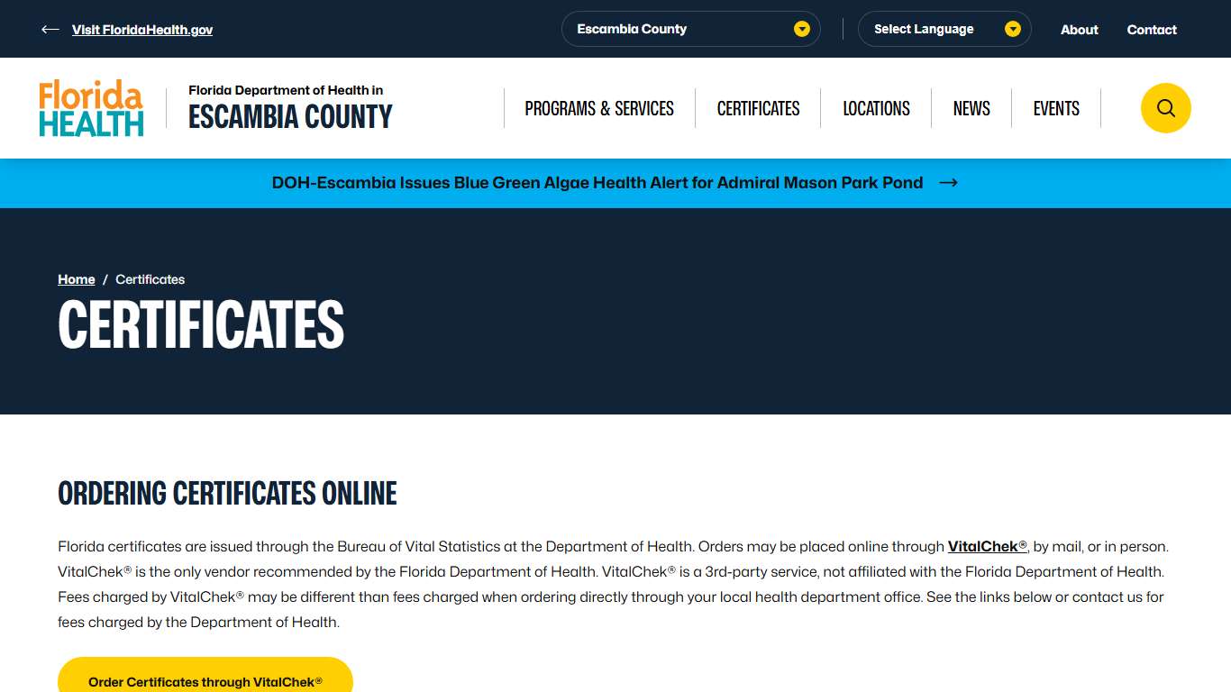 Certificates - Florida Department of Health in Escambia County