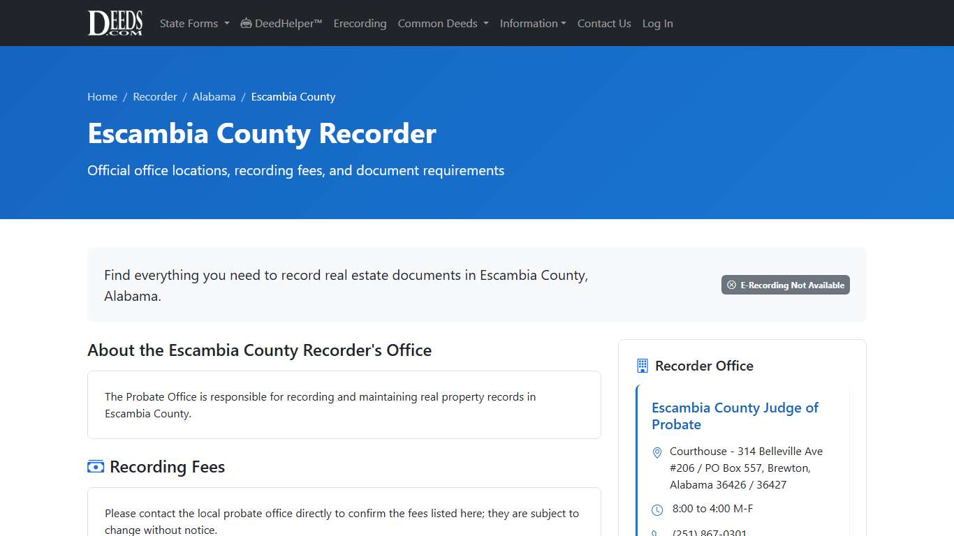 Escambia County Recorder Information, Alabama - Deeds.com