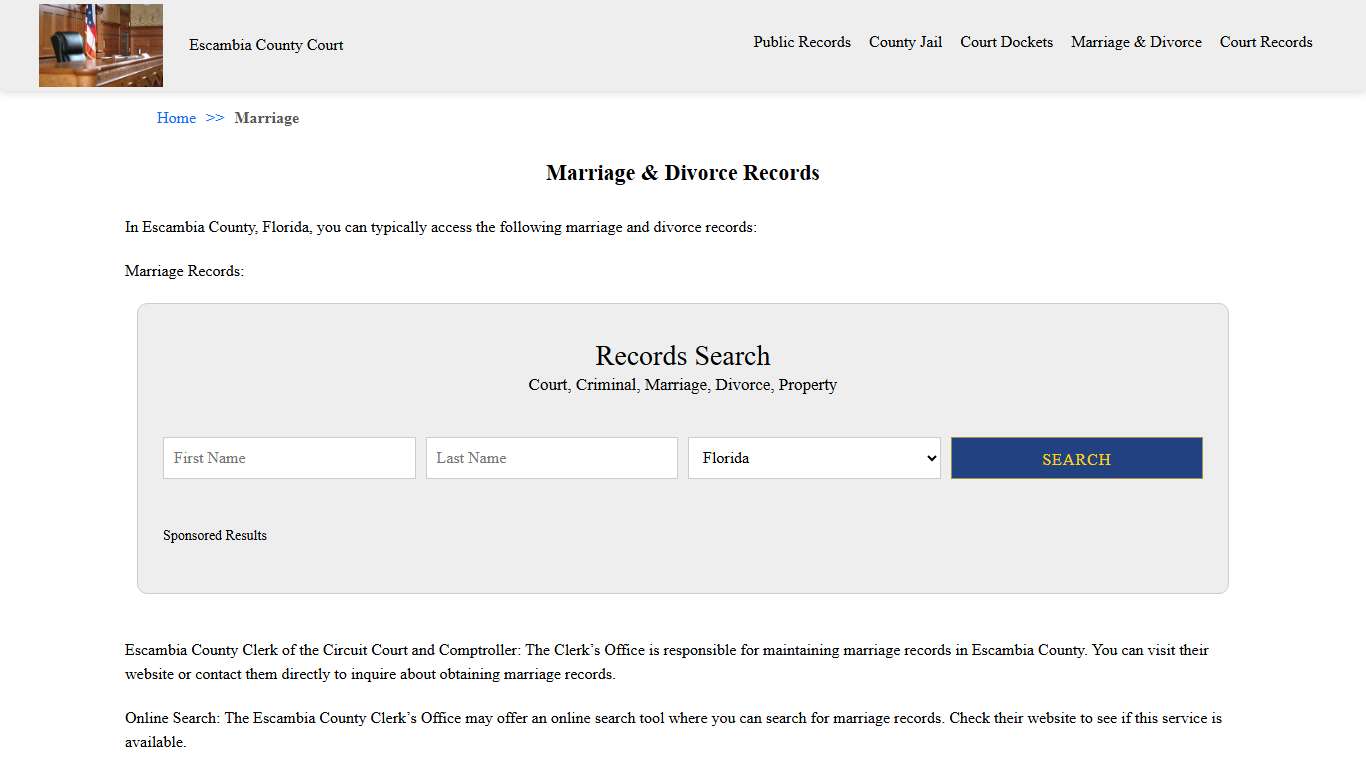 Marriage & Divorce Records | Escambia County Court